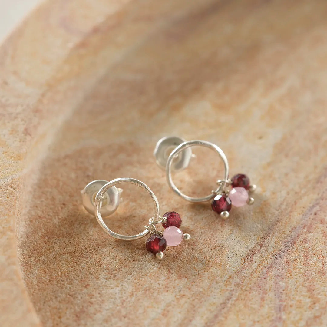 Genuine Garnet Rose Quartz Earrings Silver Plated