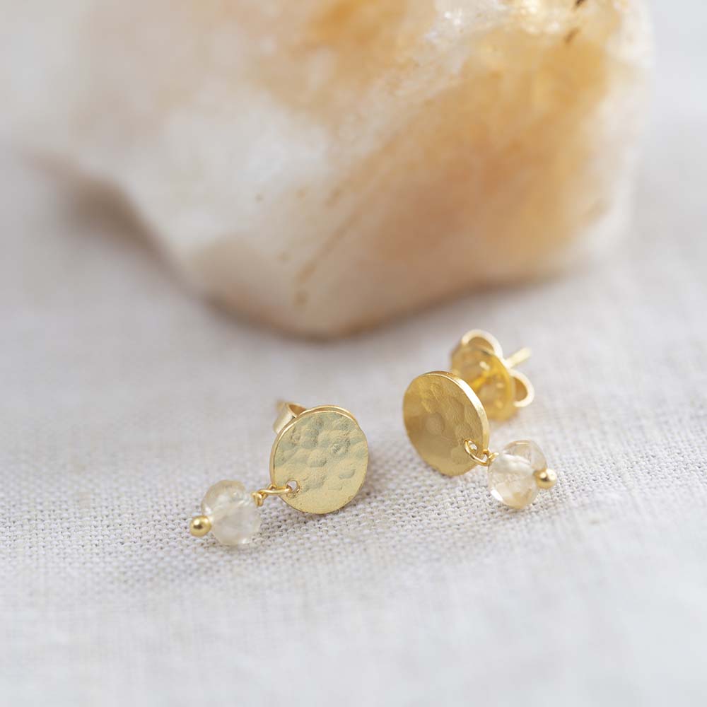 Mini Coin Citrine Gold Plated Earrings