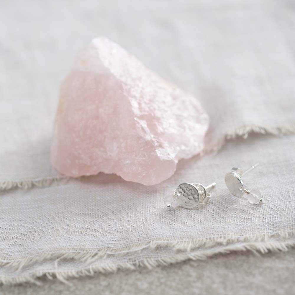 Mini Coin Rose Quartz Silver Plated Earrings