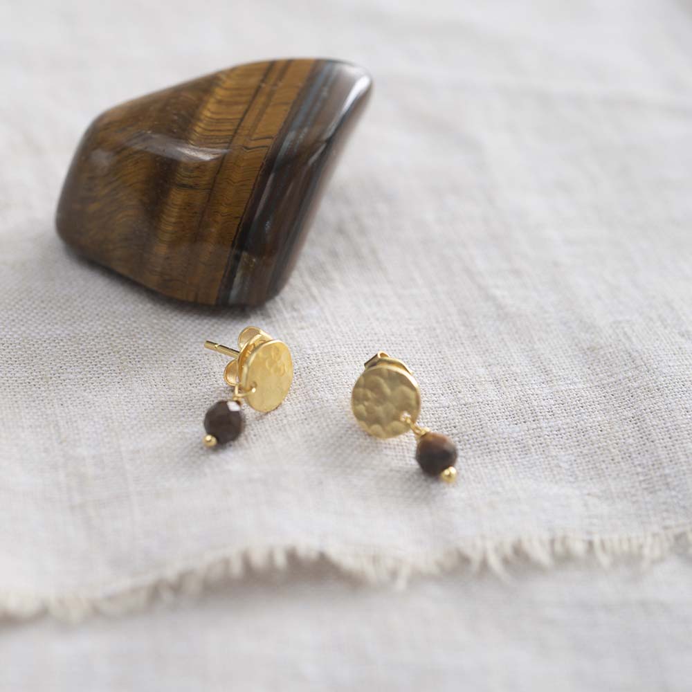 Mini Coin Tiger Eye Gold Plated Earrings