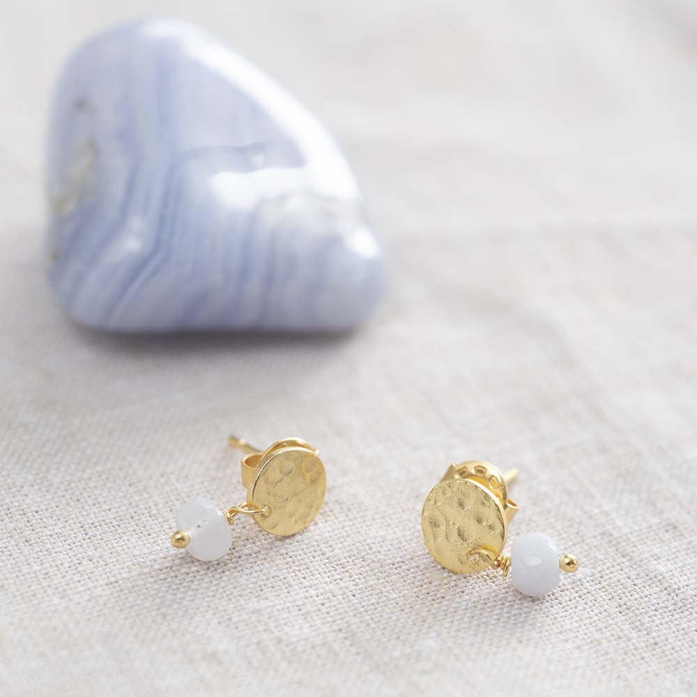 Mini Coin Blue Lace Agate Gold Plated Earrings