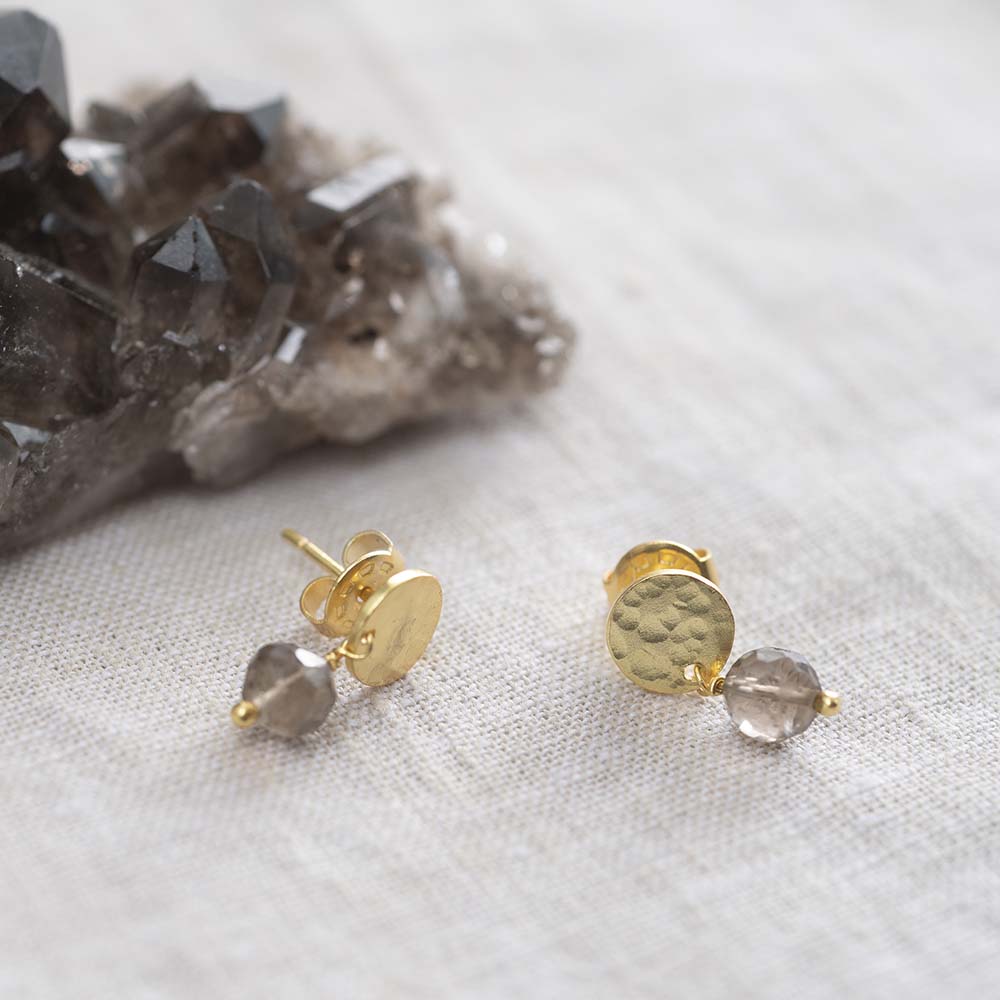 Mini Coin Smokey Quartz Gold Plated Earrings