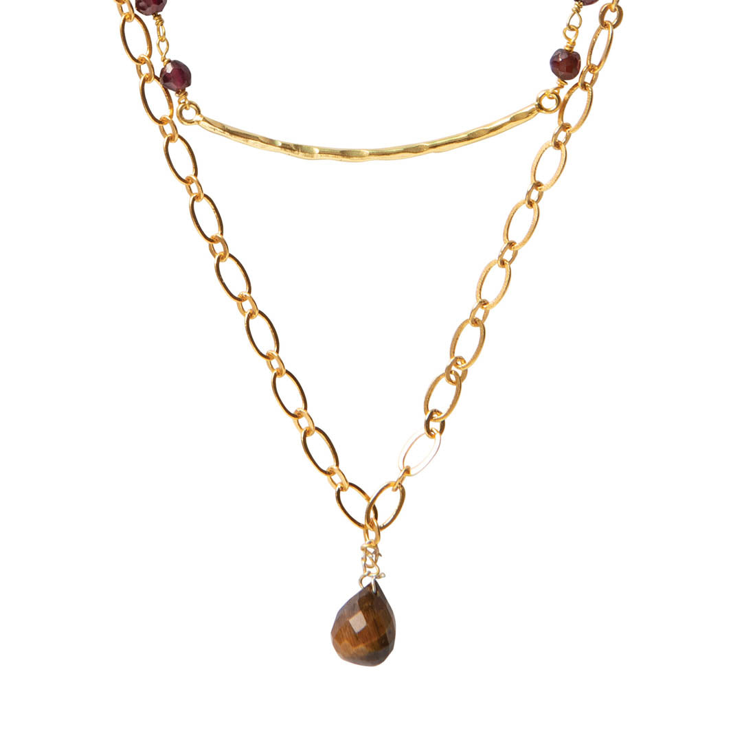 Glamour Garnet Tiger Eye Gold Necklace