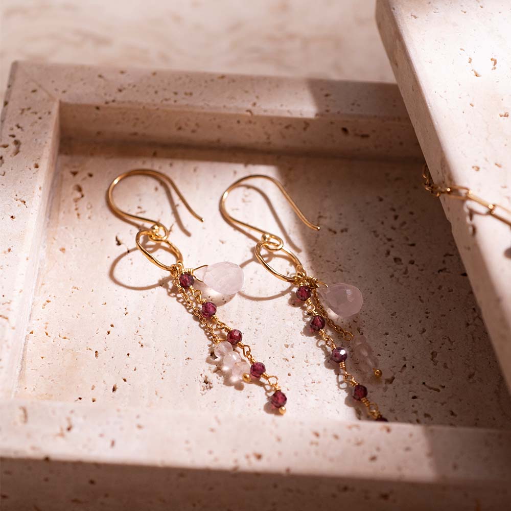 Pleased Rose Quartz Garnet Gold Plated Earrings