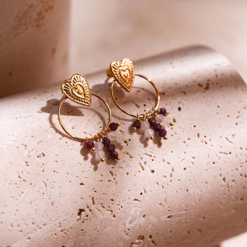 Victory Garnet Rose Quartz Gold Plated Earrings