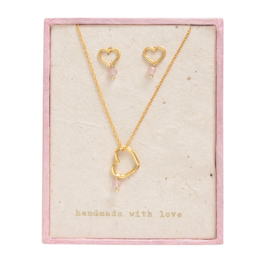 Gift Set Open Heart Rose Quartz Gold Plated