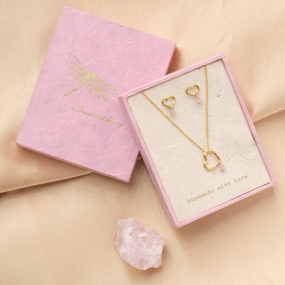 Gift Set Open Heart Rose Quartz Gold Plated