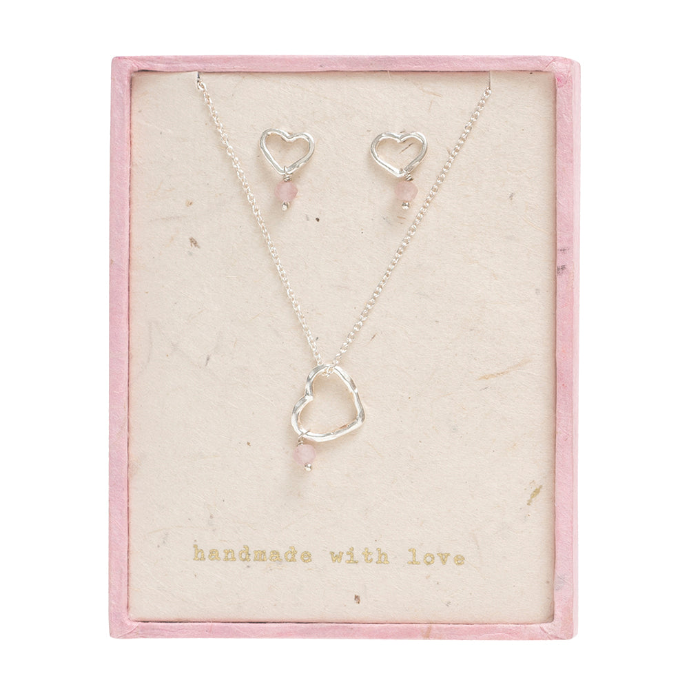 Gift Set Open Heart Rose Quartz Silver Plated