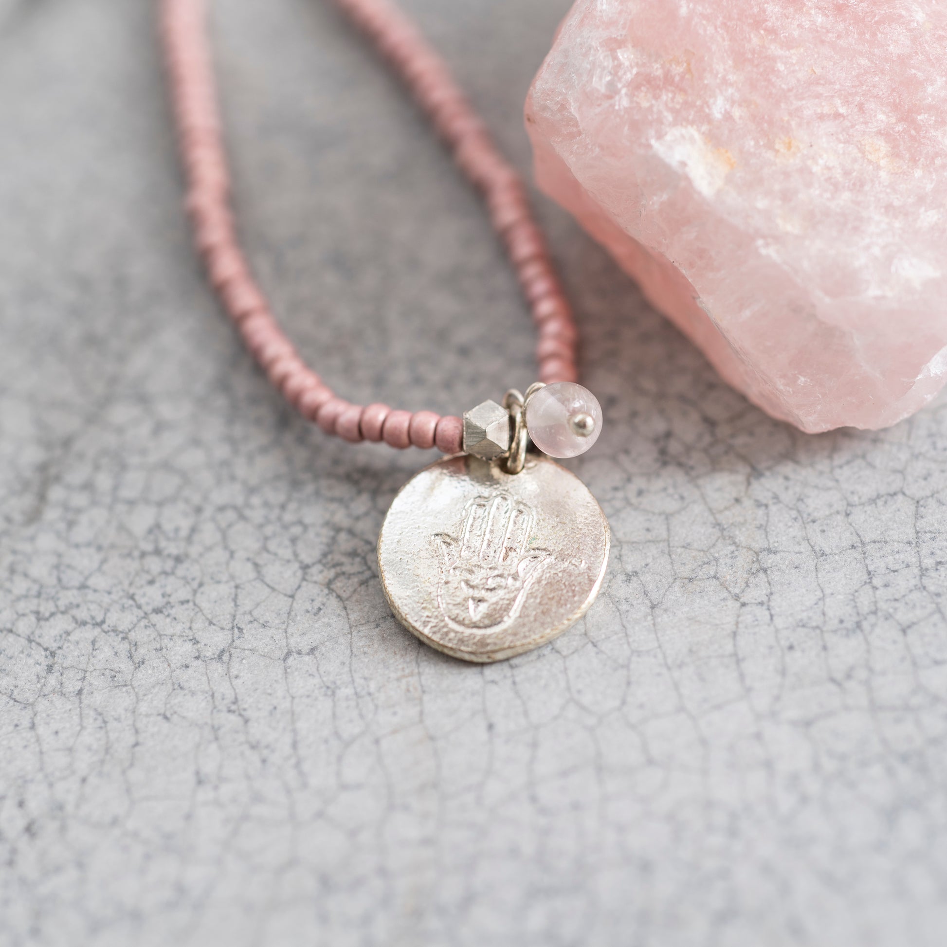 Truly Rose Quartz Hamsa Silver Colored Necklace