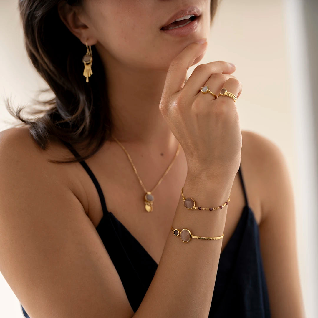 Promising Peach Moonstone Garnet Bracelet Gold Plated