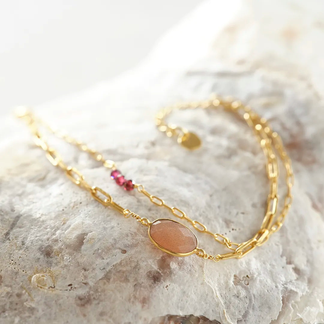 Affinity Peach Moonstone Garnet Bracelet Gold Plated