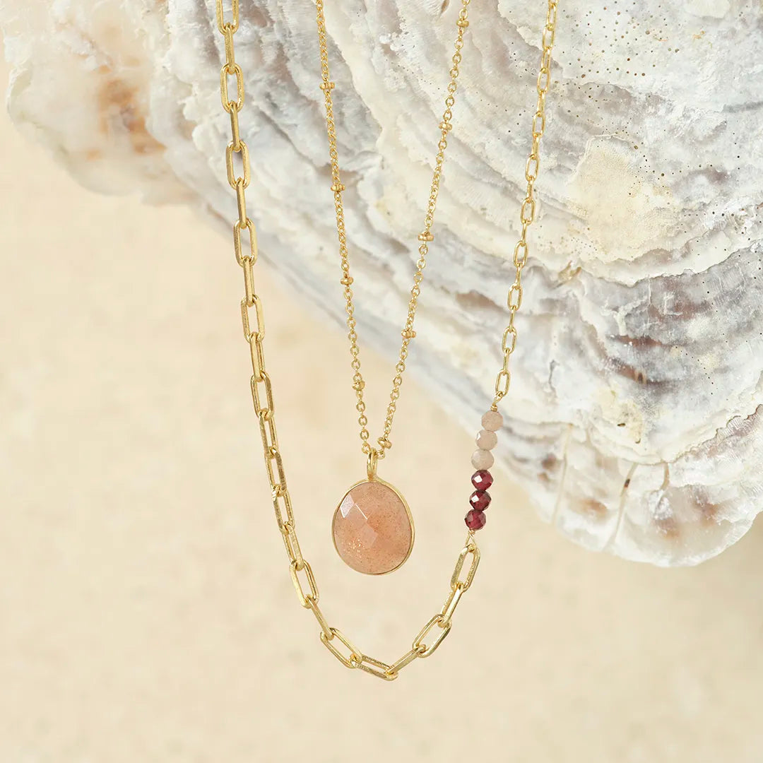 Encourage Peach Moonstone Garnet Necklace Gold Plated