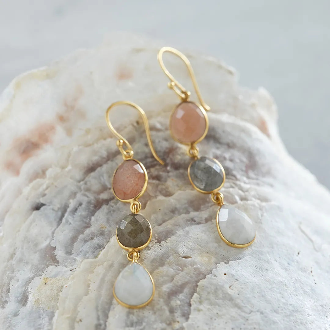 Granted Peach Moonstone Labradorite Moonstone Earrings Gold Plated