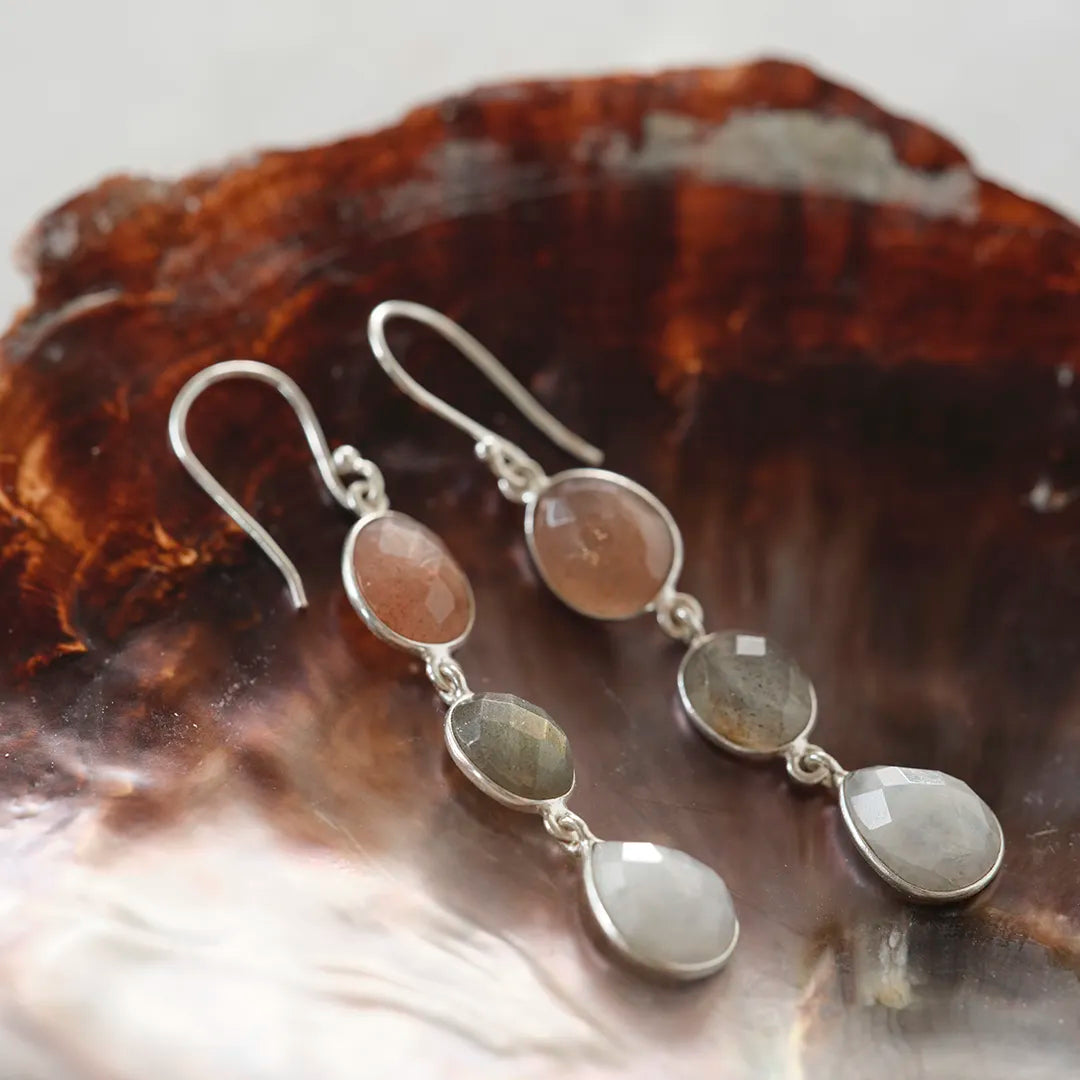 Granted Peach Moonstone Labradorite Moonstone Earrings Silver Plated